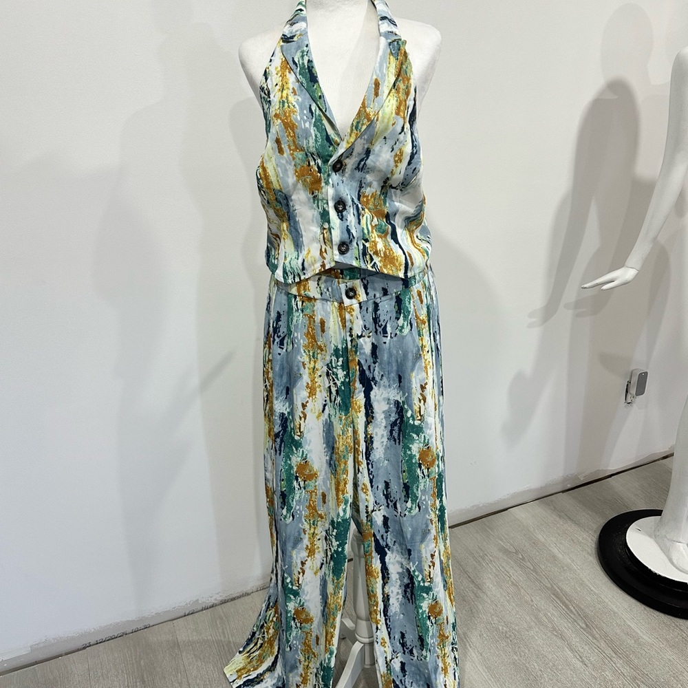Fashion Nova Multicolor Abstract Print Halter Jumpsuit (Blue, Green, Gold)